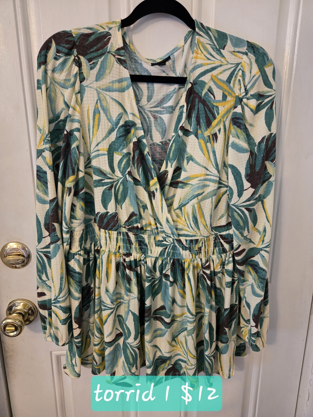 torrid Cream Dress with Green and Yellow Leaf Print, Long Sleeve